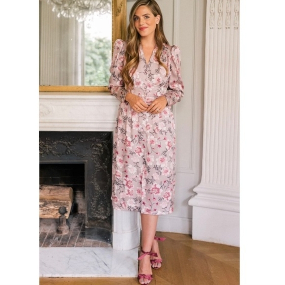 Gal Meets Glam Dresses & Skirts - Gal Meets Glam Carla Floral Satin Midi Dress Floral Long Sleeve Blush Pink